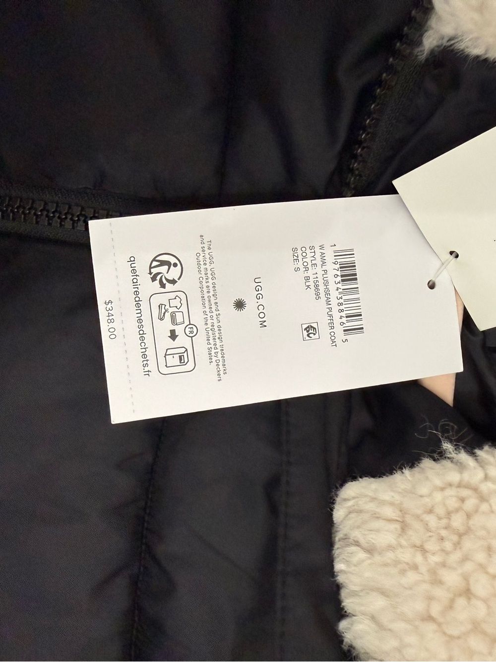 BRAND NEW W/TAG UGG Black Puffer Jacket with Cream Sherpa Trim - Picture 4 of 6